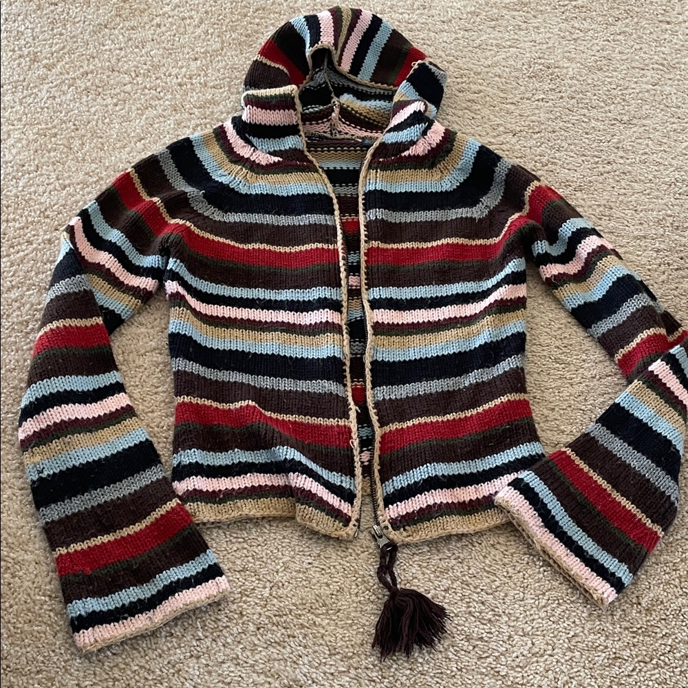 Striped Hooded Crochet Zip Sweater - Multicolor